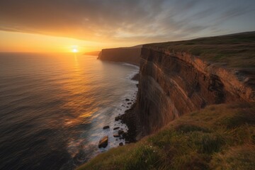 Fototapeta na wymiar coastal cliff view at sunset, with warm sun filtering through the sky, created with generative ai