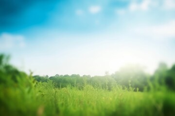 Fototapeta na wymiar World Environment Day concept: blurred beautiful green nature with blue sky background, Generative AI