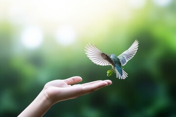 International day of peace concept:  hand holding bird flying on nature background, Generative AI