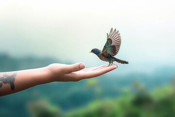 International day of peace concept:  hand holding bird flying on nature background, Generative AI