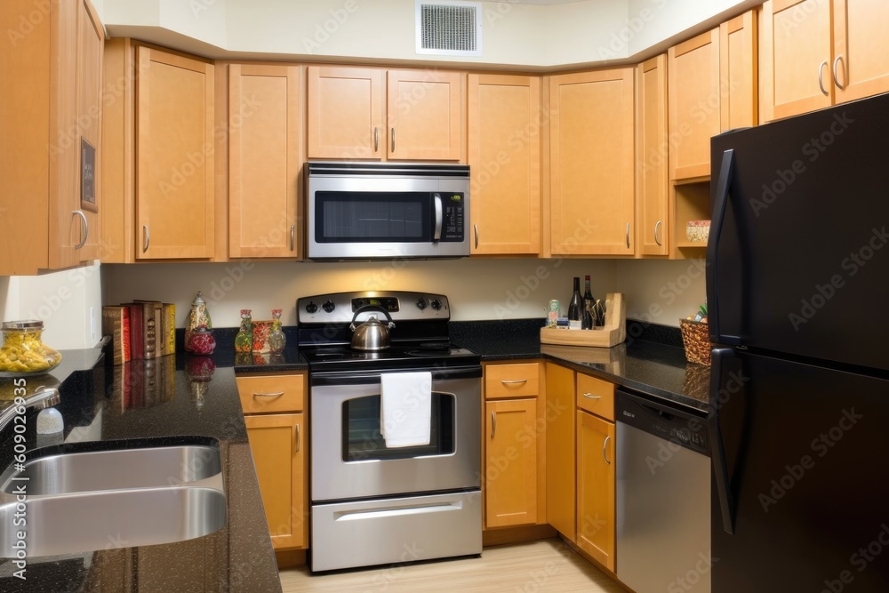 Poster kitchen with energy-efficient oven, fridge, and microwave, created with generative ai