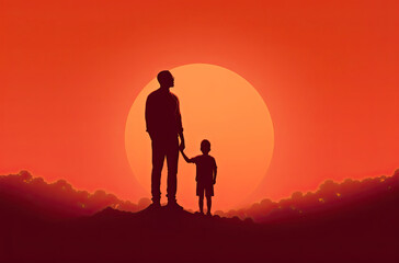 father holding hands with his son, silhouette illustration. Generative AI