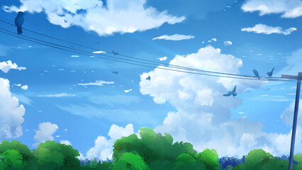 sunny day on the park city forest with cloud and bird high definition anime wallpaper