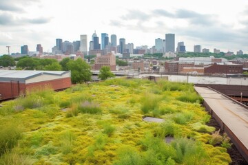 Obraz premium green roof with view of busy city skyline, created with generative ai