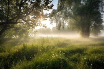 Fototapeta na wymiar morning mist rising over meadow, with rays of sunlight filtering through, created with generative ai