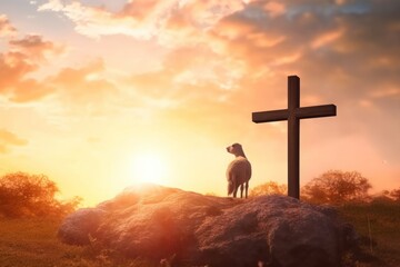 Resurrection of Jesus Christ concept: God Lamb in front of the cross of Jesus Christ on sunrise background, Generative AI