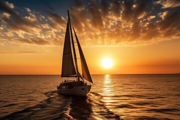 Fototapeta na wymiar sailing yacht with full sails and view of the sunset, created with generative ai