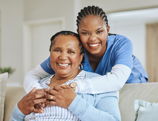 Nurse woman, senior patient and hug portrait for support, healthcare and happiness at retirement home. Face of black person and caregiver together for trust, homecare and help with health insurance