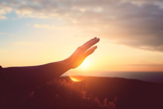 Jesus helping hand concept: World Peace Day Help hand on sunset background, Generative AI