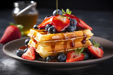 Belgian waffles with syrup and berries. AI - obrazy, fototapety, plakaty