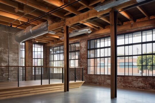 adaptive reuse project brings new life to old warehouse, with modern interiors and amenities, created with generative ai