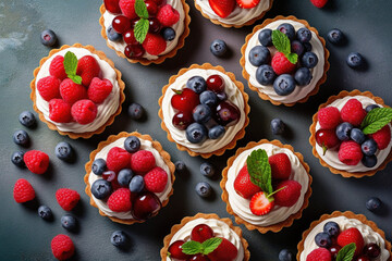 Berry tartlets with cream, summer dessert. AI - obrazy, fototapety, plakaty