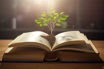 Fotobehang World philosophy day education concept: tree of knowledge planting on opening old big book in library with textbook  in natural background, Generative AI © Harvinder