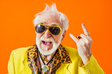 Cool senior man with fashionable outfit portrait - Old and funny grandfather wearing stylish and...
