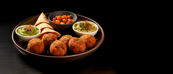 A plate of falafel on table on black background with copy space. Vegan food concept.