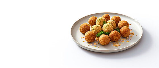 A plate of falafel on white background with copy space. Minimalist. Vegan food concept.