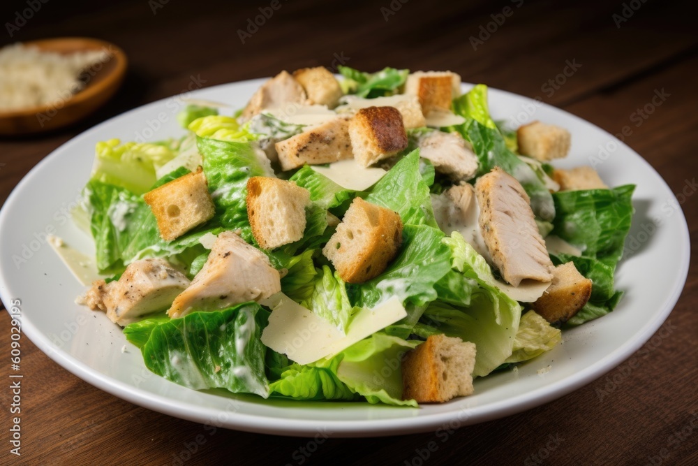 Canvas Prints delectable chicken caesar salad with crispy croutons, creamy dressing, and fresh herbs, created with generative ai