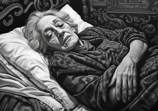 Elderly woman resting in bed, depicted in monochrome tones