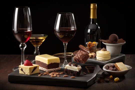 chocolate and wine pairing with a variety of desserts for dessert, created with generative ai