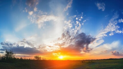 Fototapeta na wymiar World environment day concept: Panoramic photo bright spring sunset with blue sky, Generative AI
