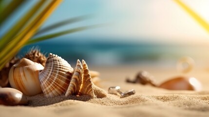 a seashells on sand. Generative AI Art.