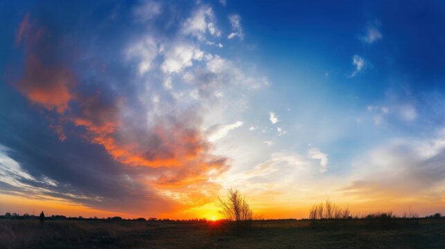 World environment day concept: Panoramic photo bright spring sunset with blue sky, Generative AI