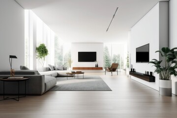 Naklejka na ściany i meble a minimalist living room with an open floor plan, featuring sleek furniture and a modern aesthetic, created with generative ai