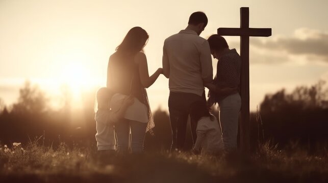 Family worship and praise concept: family praying before the cross, Generative AI