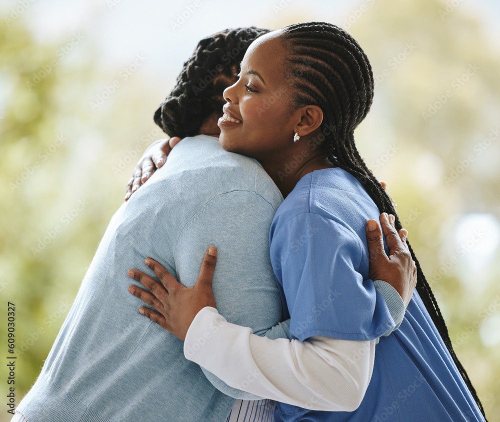 Wall mural Woman patient, nurse and hug outdoor for support, healthcare and happiness at nursing home. Happy black person, caregiver and together for trust, homecare and help service for health and wellness