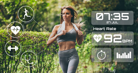 Girl running in the park. Runner check heartbeat, steps and distance. Technology, health concept. - obrazy, fototapety, plakaty