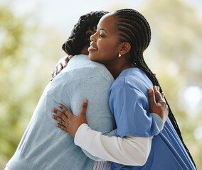Woman patient, nurse and hug outdoor for support, healthcare and happiness at nursing home. Happy...