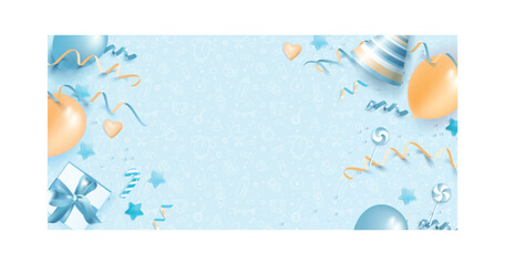 Welcome little king vector poster. Baby Shower Blue Background with balloons, gift box, birthday hat cap. Baby Arrival Cartoon Vector Illustration