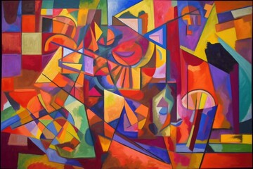 cubist painting with vibrant colors and abstract shapes, created with generative ai