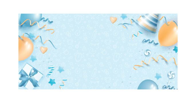 Welcome little king vector poster. Baby Shower Blue Background with balloons, gift box, birthday hat cap. Baby Arrival Cartoon Vector Illustration