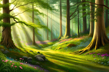 A mystical forest glade bathed in dappled sunlight, ancient trees standing tall with lush foliage, a carpet of vibrant wildflowers covering the forest floor - obrazy, fototapety, plakaty