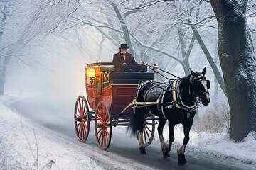 Fototapeta na wymiar Horse-Drawn Carriage Ride Along Snowy Road - AI Generative
