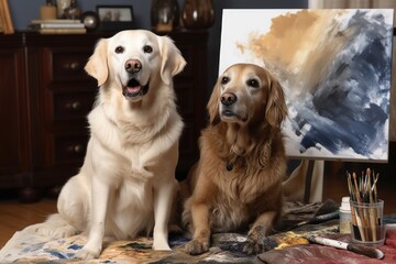 two pets, one brush, and a blank canvas, created with generative ai