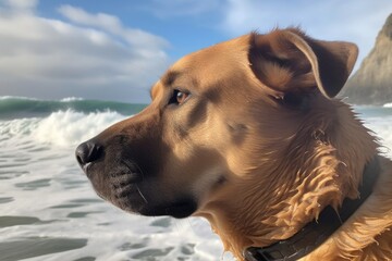 close-up of dog named rex, with the waves breaking behind him, created with generative ai