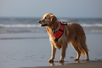 dog wearing lifeguard whistle around its neck, walking the beach in search of trouble, created with generative ai
