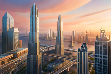 A futuristic cityscape at dawn, sleek skyscrapers rising high into the sky, illuminated by soft hues of the rising sun, a network of elevated walkways and flying vehicles weaving through the city