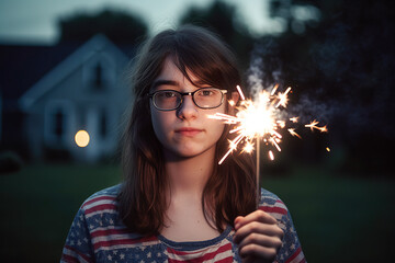 Generative Ai of cute serious girl in America flag t-shirt in glasses with burning bengal light looking at camera while celebrating 4th of july