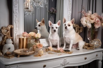 photoshoot of pampered pooches and sleek felines in luxurious interior, created with generative ai