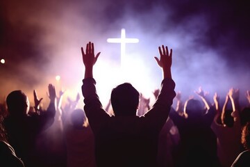 Church worship concept:Christians raising their hands in praise and worship at a night music concert, Generative AI - obrazy, fototapety, plakaty