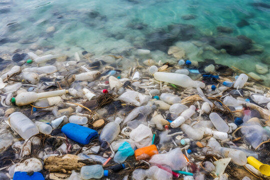 Generative AI illustration showing high angle view of various plastic waste pollutants scattered in blue coral reef water in daylight