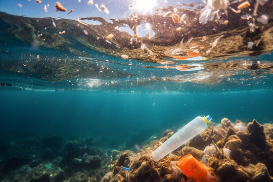 Generative AI illustration of underwater view of blue sea of coral reefs with plastic waste bottle and cup with litters in bright sunny daytime in rocky terrain
