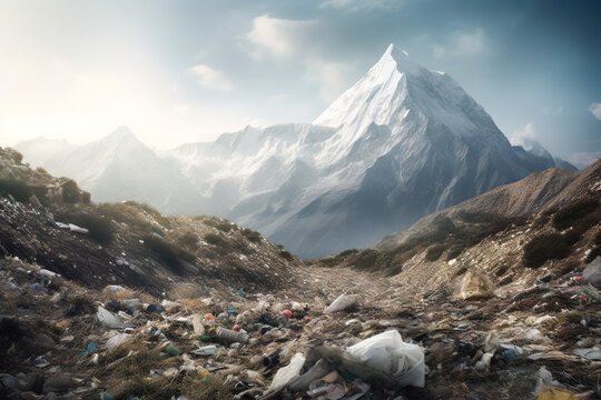 Generative AI illustration of picturesque view of mountains covered with snow with valley litter with plastic and non biodegradable waste pollutants