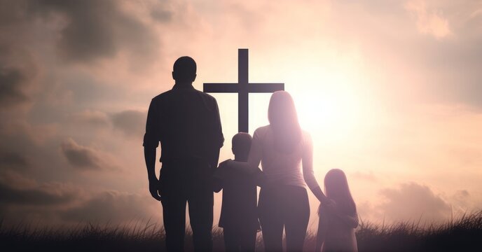 Family concept: Parents and children pray together on the cross background, Generative AI