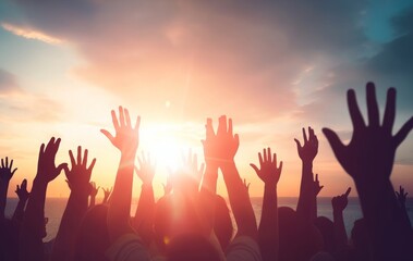 Obraz premium Worship and praise concept: christian people hand rising on sunset background, Generative AI