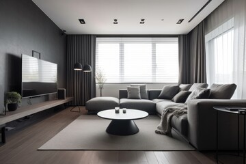 Fototapeta na wymiar minimalist room, with simple lines and colors, that lets the viewer's attention to focus on the details of interior design, created with generative ai