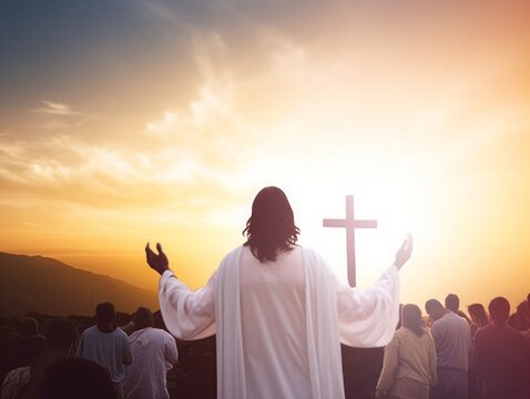 Surrender Concept： Now Christian praise Jesus reborn in easter day concept for wisdom life, hope faith love, Generative AI